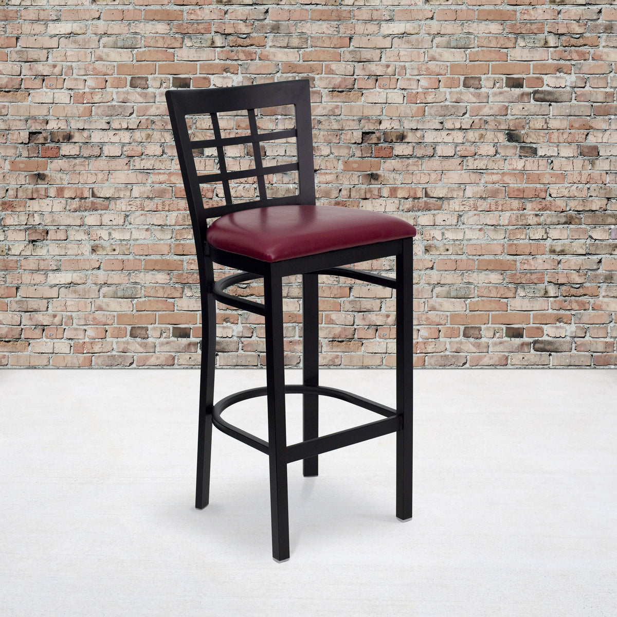 Burgundy Vinyl Seat/Black Metal Frame |#| Black Window Back Metal Restaurant Barstool - Burgundy Vinyl Seat