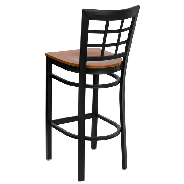 Cherry Wood Seat/Black Metal Frame |#| Black Window Back Metal Restaurant Barstool - Cherry Wood Seat