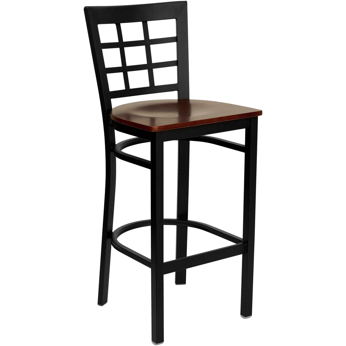 Mahogany Wood Seat/Black Metal Frame |#| Black Window Back Metal Restaurant Barstool - Mahogany Wood Seat