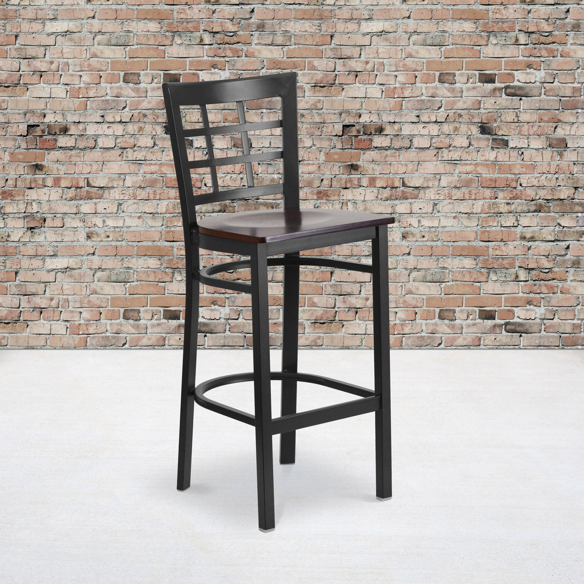 Walnut Wood Seat/Black Metal Frame |#| Black Window Back Metal Restaurant Barstool - Walnut Wood Seat