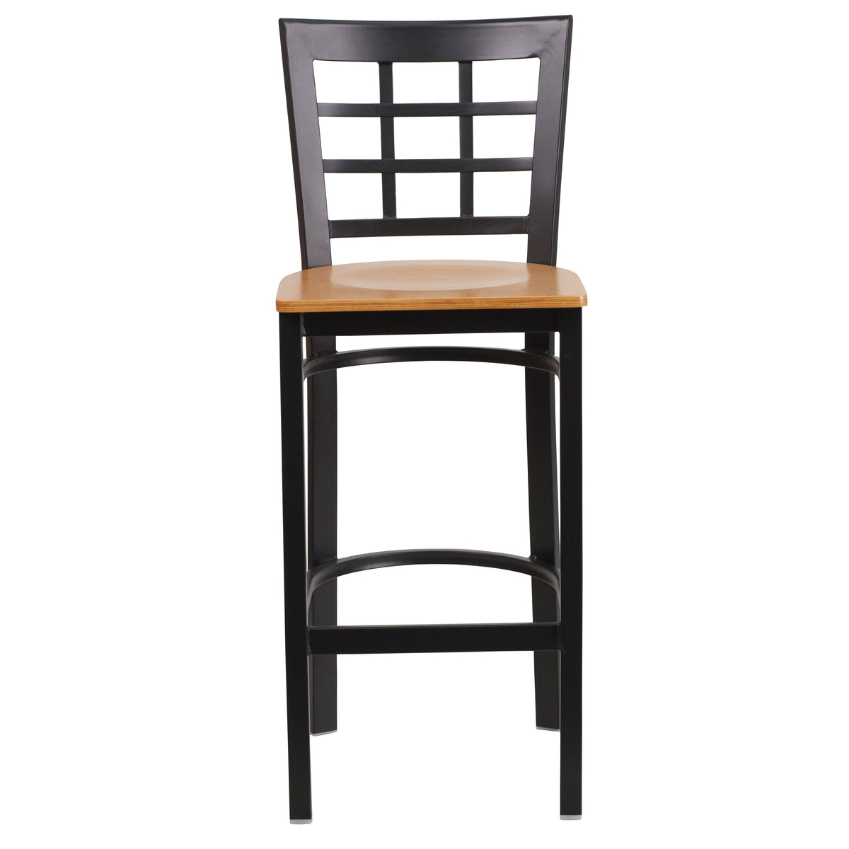 Natural Wood Seat/Black Metal Frame |#| Black Window Back Metal Restaurant Barstool - Natural Wood Seat