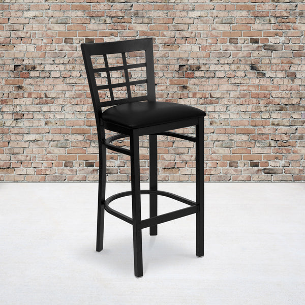 Black Vinyl Seat/Black Metal Frame |#| Black Window Back Metal Restaurant Barstool - Black Vinyl Seat